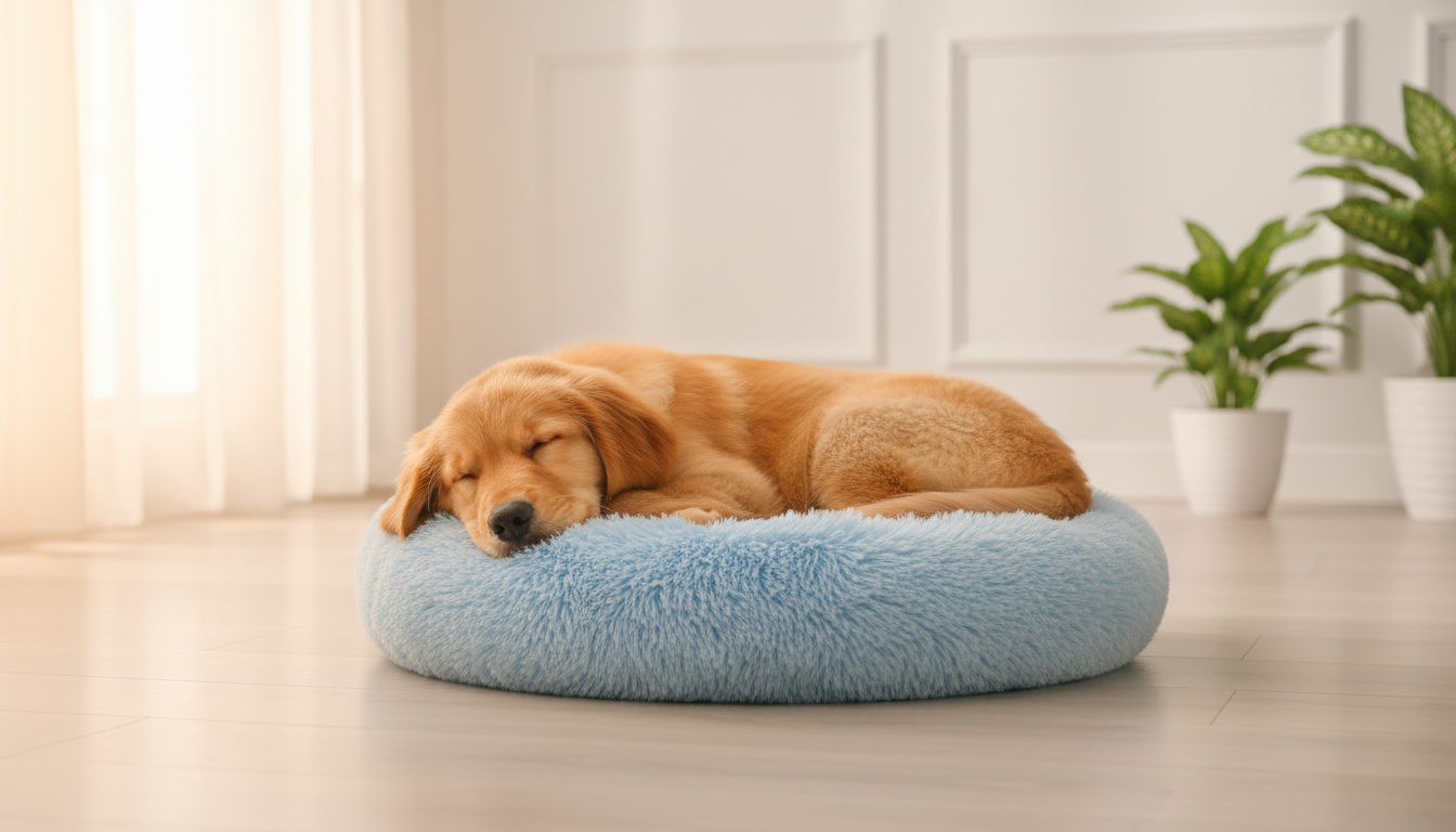 Dog sleeping on a blue round pet bed in a bright room with plants.